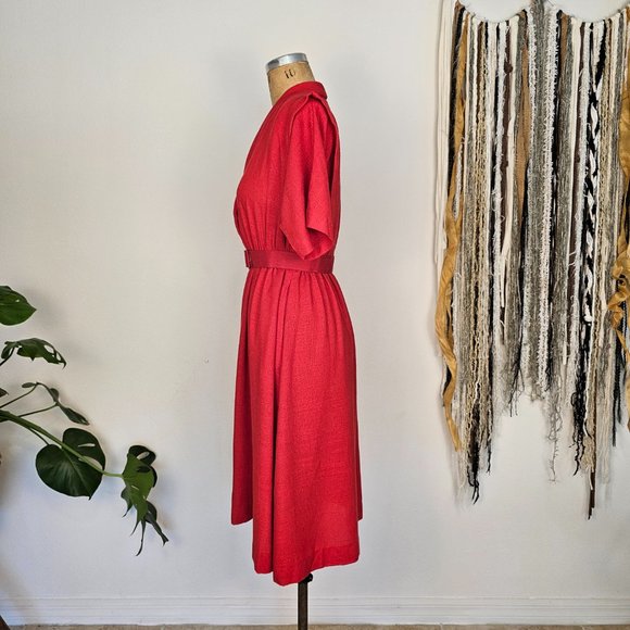 80's Vintage Red Midi Dress with Belt _ Rhodes Collections Inc - Picture 6 of 9